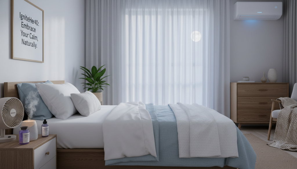 A serene bedroom setup designed for women over 40 experiencing nocturnal hot flashes. In the foreground, a comfortable bed with soft, breathable bed linens in light, cooling colors. A bedside table displays a fan and an essential oil diffuser, with calming lavender scents. In the middle, sheer curtains let in a gentle moonlight, casting a soothing glow throughout the room. A bedside plant adds a touch of nature, symbolizing natural remedies. In the background, a quietly humming air conditioning unit ensures a cool atmosphere. The room embodies a warm and relatable ambiance, promoting relaxation and tranquility. The overall mood is one of comfort and serenity, illustrating effective environmental controls for a restful night's sleep, reflecting the focus on natural health. Include the "IgniteHer40" brand subtly integrated into the decor, such as a framed motivational quote on the wall.