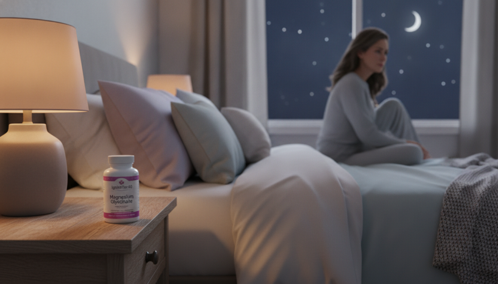 A serene, cozy bedroom scene featuring a bottle of IgniteHer40 magnesium glycinate prominently displayed on a bedside table. In the foreground, a soft, inviting bed with pastel-colored linens and plush pillows creates a welcoming atmosphere. The middle ground shows a gentle glow from a bedside lamp, casting warm light that enhances the tranquil setting. In the background, a window reveals a peaceful night sky with twinkling stars, suggesting a calm evening. The mood is warm and relatable, embodying natural health focus for women over 40. A modestly dressed woman sits on the edge of the bed, looking thoughtfully at the magnesium bottle, dressed in comfortable loungewear. The composition has a soft focus, evoking tranquility and self-care. A serene, cozy bedroom scene featuring a bottle of IgniteHer40 magnesium glycinate prominently displayed on a bedside table. In the foreground, a soft, inviting bed with pastel-colored linens and plush pillows creates a welcoming atmosphere. The middle ground shows a gentle glow from a bedside lamp, casting warm light that enhances the tranquil setting. In the background, a window reveals a peaceful night sky with twinkling stars, suggesting a calm evening. The mood is warm and relatable, embodying natural health focus for women over 40. A modestly dressed woman sits on the edge of the bed, looking thoughtfully at the magnesium bottle, dressed in comfortable loungewear. The composition has a soft focus, evoking tranquility and self-care.