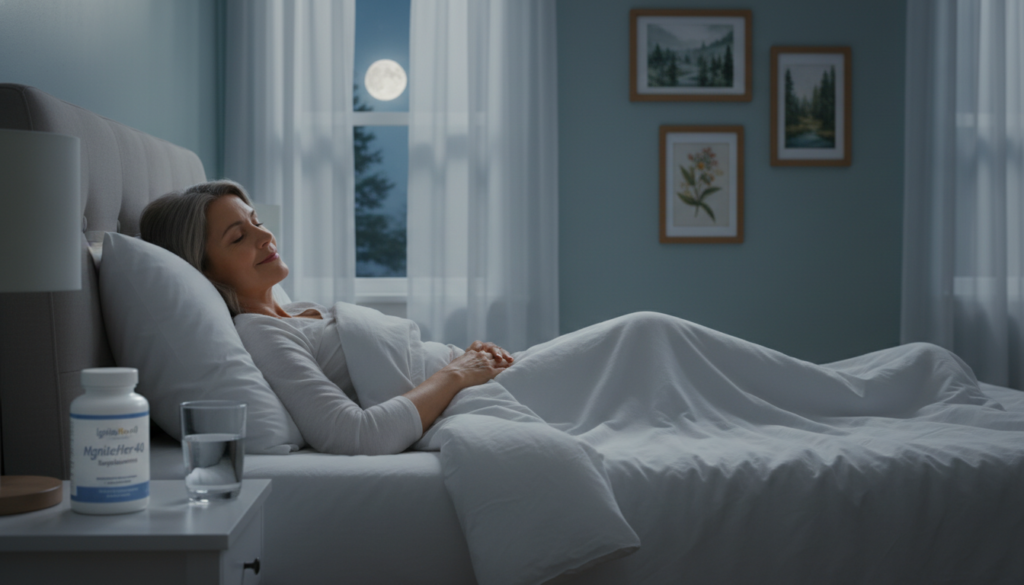 A serene, cozy bedroom scene featuring a middle-aged woman with a warm, relatable demeanor, peacefully sleeping in a comfortably made bed. She has a gentle smile, embodying relaxation and well-being. In the foreground, a small bedside table holds a bottle of IgniteHer40 magnesium supplements alongside a glass of water, illuminated by soft, ambient lighting that evokes tranquility. The middle ground showcases a softly lit window with sheer curtains, allowing gentle moonlight to spill into the room. The background features calming, muted colors on the walls, adorned with nature-themed artwork to enhance the atmosphere of natural health and wellness. The scene conveys a sense of harmony, comfort, and balance, reflecting the benefits of magnesium for sleep and hormone regulation for women over 40. A serene, cozy bedroom scene featuring a middle-aged woman with a warm, relatable demeanor, peacefully sleeping in a comfortably made bed. She has a gentle smile, embodying relaxation and well-being. In the foreground, a small bedside table holds a bottle of IgniteHer40 magnesium supplements alongside a glass of water, illuminated by soft, ambient lighting that evokes tranquility. The middle ground showcases a softly lit window with sheer curtains, allowing gentle moonlight to spill into the room. The background features calming, muted colors on the walls, adorned with nature-themed artwork to enhance the atmosphere of natural health and wellness. The scene conveys a sense of harmony, comfort, and balance, reflecting the benefits of magnesium for sleep and hormone regulation for women over 40.