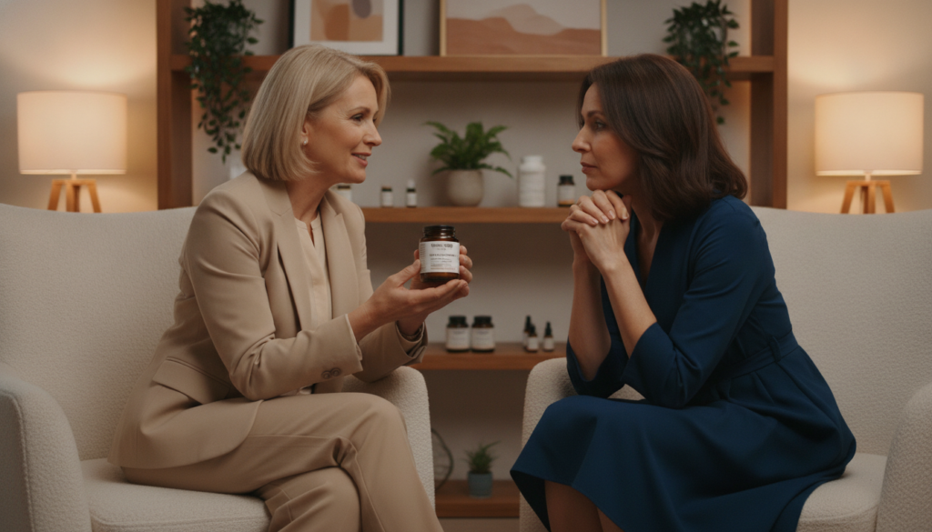 A serene indoor wellness retreat, featuring two women over 40 engaging in a supportive conversation about health and wellbeing. Both women, dressed in modest, professional business attire, are seated on comfortable chairs surrounded by soft, warm lighting that creates an inviting atmosphere. One woman holds a small container of magnesium supplements labeled "IgniteHer40" while the other listens intently, reflecting a relatable and warm ambience. In the background, shelves filled with natural health products, plants, and calming art can be seen, enhancing the natural health focus. The scene conveys a sense of empowerment and community, illustrating the connection between magnesium, cortisol, and overall wellness. Shot with a slight depth of field to focus on the women while subtly blurring the background. A serene indoor wellness retreat, featuring two women over 40 engaging in a supportive conversation about health and wellbeing. Both women, dressed in modest, professional business attire, are seated on comfortable chairs surrounded by soft, warm lighting that creates an inviting atmosphere. One woman holds a small container of magnesium supplements labeled "IgniteHer40" while the other listens intently, reflecting a relatable and warm ambience. In the background, shelves filled with natural health products, plants, and calming art can be seen, enhancing the natural health focus. The scene conveys a sense of empowerment and community, illustrating the connection between magnesium, cortisol, and overall wellness. Shot with a slight depth of field to focus on the women while subtly blurring the background.