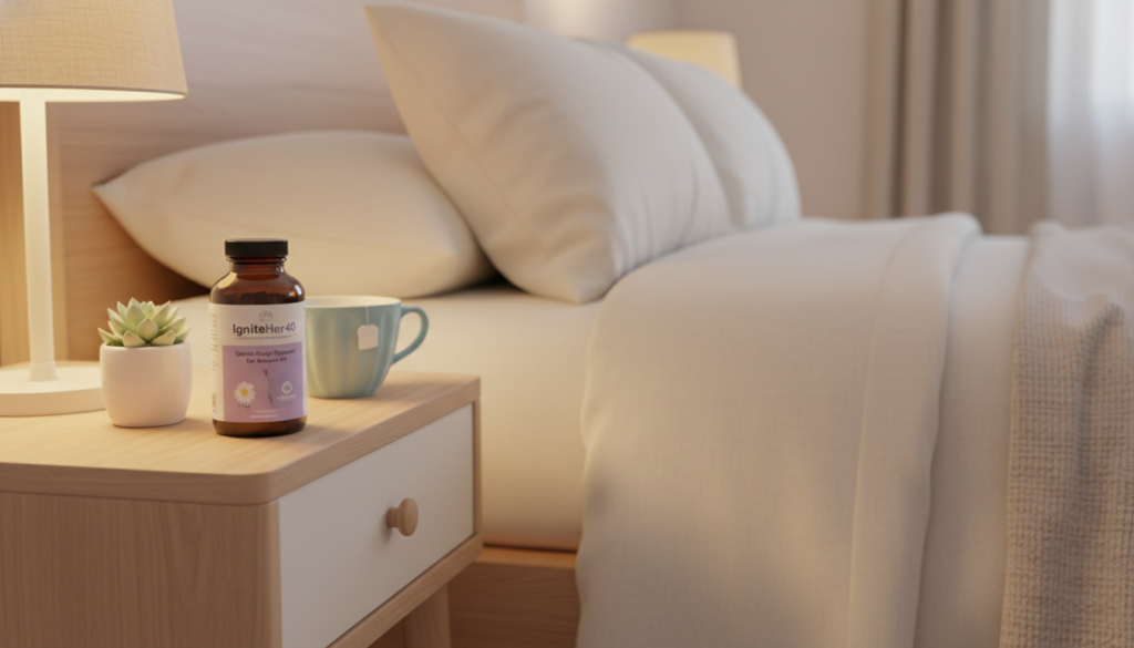 A serene, inviting scene featuring a bottle of low dose melatonin specifically designed for women over 40, labeled "IgniteHer40". The foreground shows the bottle elegantly placed on a soft, pastel-toned nightstand adorned with a small potted plant and a delicate ceramic teacup. In the middle, a cozy bedroom setting is depicted with warm lighting emanating from a bedside lamp, casting a gentle glow that emphasizes comfort and relaxation. In the background, a neatly made bed with plush pillows invites tranquility. The overall atmosphere conveys a sense of calm and wellness, ideal for women seeking natural remedies for menopause insomnia. Capture this in a close-up perspective, highlighting the product in a lifestyle context, with an overall warm color palette that evokes feelings of safety and serenity. A serene, inviting scene featuring a bottle of low dose melatonin specifically designed for women over 40, labeled "IgniteHer40". The foreground shows the bottle elegantly placed on a soft, pastel-toned nightstand adorned with a small potted plant and a delicate ceramic teacup. In the middle, a cozy bedroom setting is depicted with warm lighting emanating from a bedside lamp, casting a gentle glow that emphasizes comfort and relaxation. In the background, a neatly made bed with plush pillows invites tranquility. The overall atmosphere conveys a sense of calm and wellness, ideal for women seeking natural remedies for menopause insomnia. Capture this in a close-up perspective, highlighting the product in a lifestyle context, with an overall warm color palette that evokes feelings of safety and serenity.