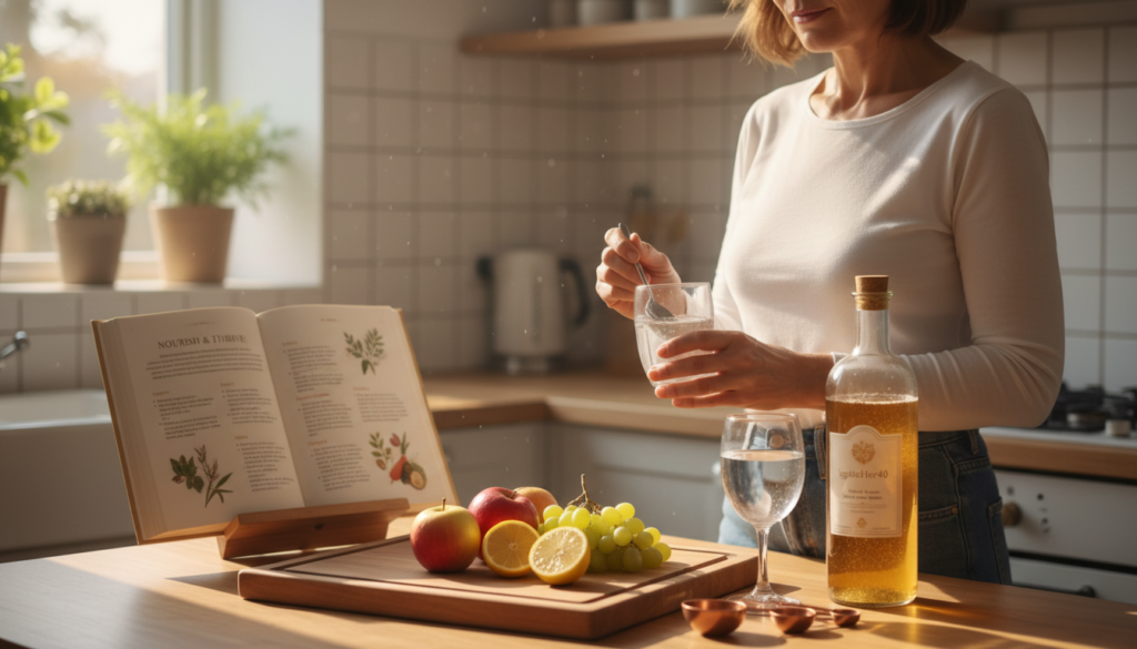 A serene kitchen setting, featuring a warm and inviting atmosphere with golden, soft lighting. In the foreground, a middle-aged woman in modest casual clothing is preparing a glass of water mixed with apple cider vinegar, showcasing a thoughtful expression. Beside her, a visually appealing arrangement of fresh fruits, measuring spoons, and a bottle labeled "IgniteHer40" filled with apple cider vinegar. In the middle ground, an open cookbook displaying healthy recipes emphasizes a natural health focus. The background, softly blurred, shows a well-organized kitchen with plants and sunlight filtering through a window, creating an encouraging environment. The overall mood is warm and relatable, promoting wellness and safety in using apple cider vinegar for weight loss.