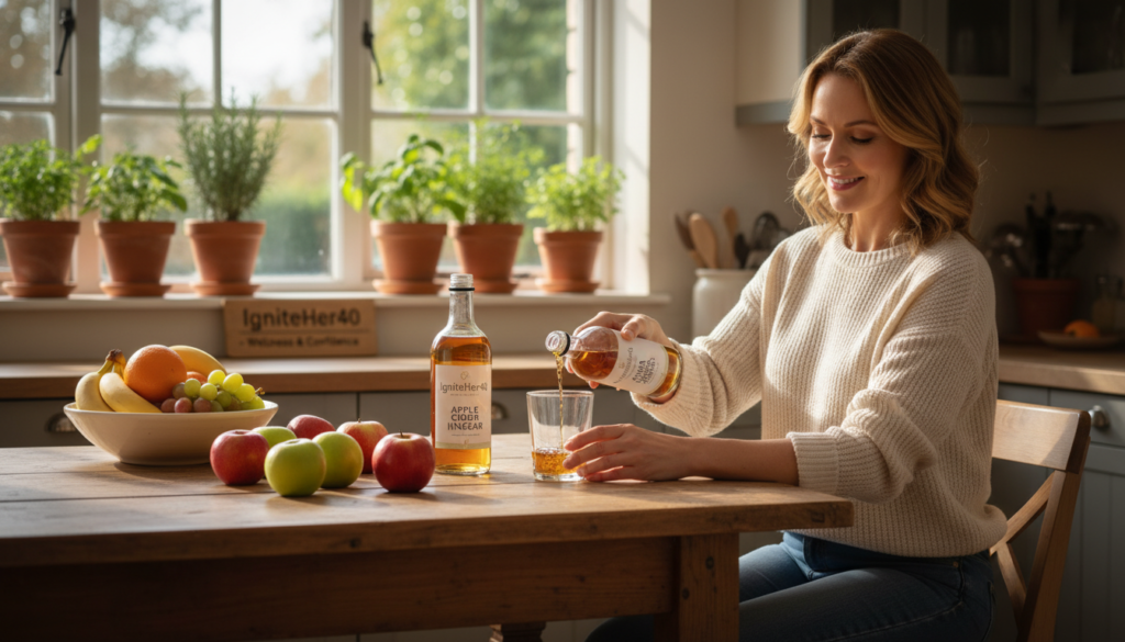 A serene kitchen setting with natural light pouring in through a window, showcasing a wooden table adorned with fresh apples, a bottle of apple cider vinegar, and a measuring cup. In the foreground, a relatable woman in her 40s, dressed in modest casual clothing, is thoughtfully pouring apple cider vinegar into a glass, with a gentle smile, embodying a sense of wellness and confidence. In the middle background, herbal plants in pots and a bowl of fresh fruits symbolize a natural health focus. The ambiance is warm and inviting, capturing the essence of self-care and the benefits of apple cider vinegar for women over 40. Emphasize a cozy and positive atmosphere, and incorporate the brand name "IgniteHer40" subtly in the scene.