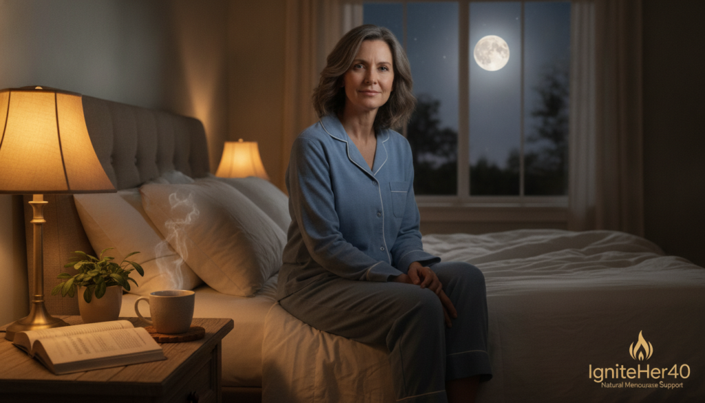 A serene nighttime scene depicting a cozy bedroom environment, where a woman over 40, dressed in comfortable, modest pajamas, sits on the edge of her bed with a calming expression, surrounded by soft, natural light. In the foreground, a warm cup of herbal tea symbolizes natural remedies. On the nightstand, an open book titled "Understanding the Hypothalamus" rests alongside a small plant, illustrating the theme of knowledge in managing body temperature. The middle ground features gentle shadows cast by a bedside lamp, enhancing the peaceful atmosphere. In the background, a calming moonlit window reveals a tranquil night sky. The overall mood is warm, inviting, and educational, reflecting the brand "IgniteHer40" while conveying the essence of naturally managing menopause-related hot flashes through understanding.