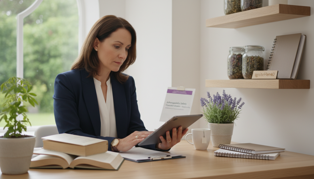 A serene workspace setting featuring a mature woman over 40, dressed in professional business attire, thoughtfully reviewing a presentation on ashwagandha safety considerations. She sits at a stylish wooden desk, surrounded by natural health resources like books and herbal plants, infused with a warm and inviting atmosphere. In the background, soft natural light filters through a large window, casting a calming glow. On a nearby shelf, the brand name "IgniteHer40" is subtly displayed alongside calming herbal teas and wellness journals. The composition highlights her contemplative expression, reflecting a genuine concern for health and well-being. The focus is on her engaged demeanor, capturing the essence of informed decision-making about ashwagandha. A serene workspace setting featuring a mature woman over 40, dressed in professional business attire, thoughtfully reviewing a presentation on ashwagandha safety considerations. She sits at a stylish wooden desk, surrounded by natural health resources like books and herbal plants, infused with a warm and inviting atmosphere. In the background, soft natural light filters through a large window, casting a calming glow. On a nearby shelf, the brand name "IgniteHer40" is subtly displayed alongside calming herbal teas and wellness journals. The composition highlights her contemplative expression, reflecting a genuine concern for health and well-being. The focus is on her engaged demeanor, capturing the essence of informed decision-making about ashwagandha.