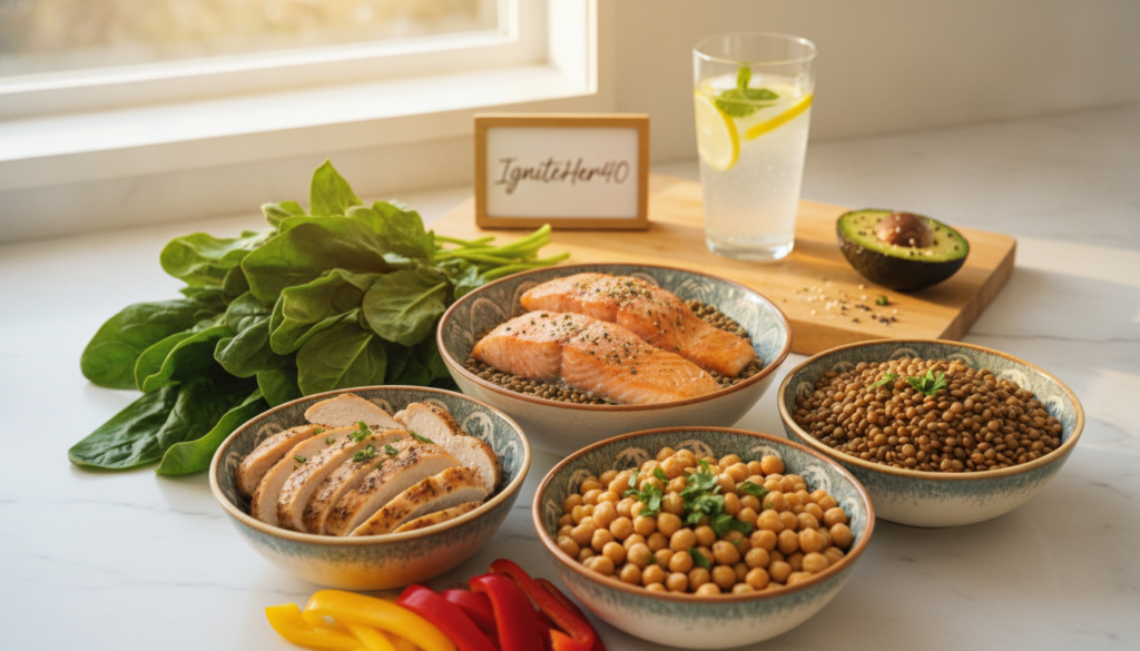 A styled kitchen countertop featuring a vibrant array of menopause-friendly foods that promote metabolism and protein intake. In the foreground, showcase a variety of protein sources, such as lean chicken, salmon fillets, lentils, and chickpeas, arranged in aesthetically pleasing bowls. The middle ground includes fresh, colorful vegetables like spinach, bell peppers, and avocados that complement the protein sources, enhancing the overall visual appeal. The background features soft-focus kitchen elements, such as a wooden cutting board and a glass of refreshing lemon water, to convey a healthy lifestyle. Use warm, natural lighting to create an inviting atmosphere, as if morning sunlight is filtering through a window. Capture a sense of empowerment and wellness, ideal for women over 40, with the brand name "IgniteHer40" subtly incorporated into the scene as a gentle reminder of their natural health journey.