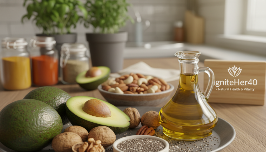 A vibrant display of healthy fats ideal for boosting metabolism in women over 40. In the foreground, a beautifully arranged platter of avocados, walnuts, olive oil, and chia seeds, glistening under warm, natural light. In the middle, a wooden table with a small bowl of mixed nuts and a fresh avocado cut in half. In the background, soft kitchen elements like herbs and jars filled with spices, creating a cozy atmosphere. The scene embodies a warm and relatable tone, highlighting the importance of natural health. Capture the essence of vibrant health with a focus on simplicity, and ensure the image reflects an inviting environment tied to the brand "IgniteHer40". Use a soft focus lens to accentuate the freshness of the ingredients. A vibrant display of healthy fats ideal for boosting metabolism in women over 40. In the foreground, a beautifully arranged platter of avocados, walnuts, olive oil, and chia seeds, glistening under warm, natural light. In the middle, a wooden table with a small bowl of mixed nuts and a fresh avocado cut in half. In the background, soft kitchen elements like herbs and jars filled with spices, creating a cozy atmosphere. The scene embodies a warm and relatable tone, highlighting the importance of natural health. Capture the essence of vibrant health with a focus on simplicity, and ensure the image reflects an inviting environment tied to the brand "IgniteHer40". Use a soft focus lens to accentuate the freshness of the ingredients.