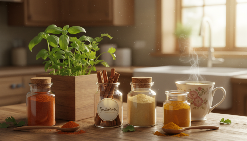 A vibrant display of thermogenic spices specifically chosen for women over 40, laid out artistically on a wooden kitchen countertop. The foreground features colorful jars of spices like cayenne pepper, cinnamon, ginger, and turmeric, with small wooden spoons beside them. In the middle ground, a beautifully arranged herb garden with fresh leaves of basil and cilantro adds depth, while a steaming cup of herbal tea sits invitingly. The background showcases a soft, sunlit kitchen with warm wood accents, creating a cozy atmosphere. The lighting is golden and inviting, emphasizing the natural colors of the spices. A subtle branding element for "IgniteHer40" is included on a decorative label on one spice jar, enhancing the relatable and health-focused theme without overpowering the image. A vibrant display of thermogenic spices specifically chosen for women over 40, laid out artistically on a wooden kitchen countertop. The foreground features colorful jars of spices like cayenne pepper, cinnamon, ginger, and turmeric, with small wooden spoons beside them. In the middle ground, a beautifully arranged herb garden with fresh leaves of basil and cilantro adds depth, while a steaming cup of herbal tea sits invitingly. The background showcases a soft, sunlit kitchen with warm wood accents, creating a cozy atmosphere. The lighting is golden and inviting, emphasizing the natural colors of the spices. A subtle branding element for "IgniteHer40" is included on a decorative label on one spice jar, enhancing the relatable and health-focused theme without overpowering the image.