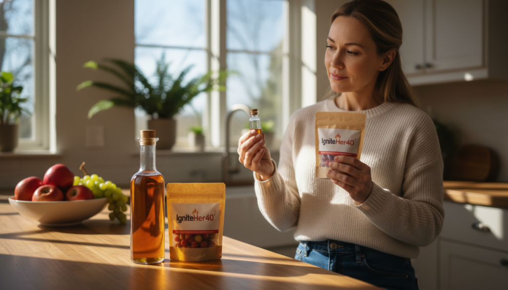A vibrant kitchen scene featuring two distinct areas: in the foreground, a stylish glass bottle filled with apple cider vinegar, elegantly placed next to a pack of colorful ACV gummies labeled "IgniteHer40". In the middle, a woman over 40, dressed in smart casual attire, examines both forms with a thoughtful expression, considering their weight loss effectiveness. The background showcases natural sunlight streaming through a window, illuminating fresh fruits and a green plant, creating a warm, inviting atmosphere. The lighting is soft and friendly, with a focus on the products, ensuring the image conveys a sense of health and empowerment, while encouraging discussion about natural weight loss options.