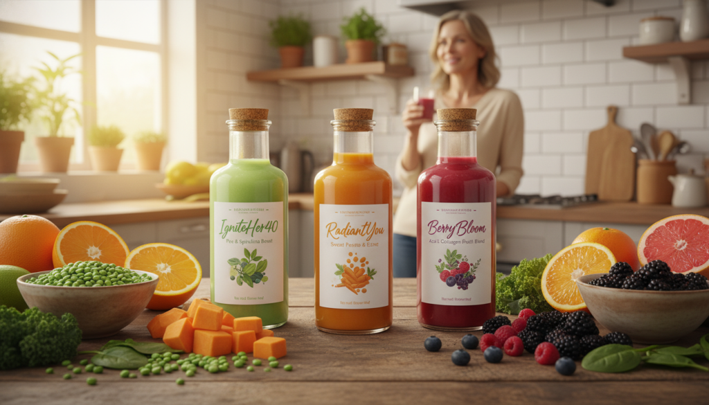 A visually engaging comparison of plant-based collagen alternatives, organized into three layers. In the foreground, display an array of vibrant, organic ingredients such as peas, sweet potatoes, and fruits like oranges and berries, artfully arranged in bowls. In the middle ground, include clear bottles labeled with brand names like "IgniteHer40," featuring colorful labels that showcase each product's key plant-based ingredients. In the background, create a soft-focus kitchen setting with warm, natural lighting streaming through a window, highlighting a cozy and inviting atmosphere. The overall mood should be uplifting and health-focused, appealing to women over 40 seeking natural wellness solutions, capturing the essence of plant-based enhancing collagen alternatives in a relatable, real-life scenario.