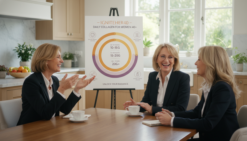 A visually engaging design displaying daily collagen dosage recommendations for women over 40. In the foreground, a diverse group of three women, dressed in professional business attire, are gathered around a dining table discussing wellness strategies. They exhibit warm smiles and a sense of camaraderie. The middle ground features a beautifully arranged infographic displaying suggested daily collagen dosages, emphasizing health and vitality, with vibrant colors highlighting different age brackets and recommended amounts. In the background, a serene and inviting kitchen setting adds a homey feel, with natural wood elements and soft lighting from a nearby window. Overall, the atmosphere is one of warmth, positivity, and empowerment, suggesting a healthy lifestyle. Include subtle branding for "IgniteHer40" on the infographic as part of the design.