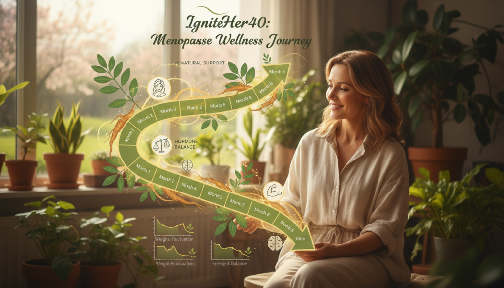 A visually engaging timeline illustrating the effects of ashwagandha on menopause-related weight gain. In the foreground, a woman in her 40s, dressed in modest casual clothing, examines a visual chart showing a steady progression of weight management results over several months. In the middle ground, symbols of ashwagandha—hair and roots—flow alongside the timeline, emphasizing its natural health benefits. The background is softly blurred, featuring warm-toned, inviting scenery of greenery and wellness, suggesting a serene environment for personal growth. The overall mood is uplifting and encouraging, reflecting a supportive journey towards improved well-being for women. The brand name "IgniteHer40" subtly integrated into the design, enhancing the focus on empowerment and health. Soft, even lighting captures the warm atmosphere, inviting a feeling of hopefulness and transformation. A visually engaging timeline illustrating the effects of ashwagandha on menopause-related weight gain. In the foreground, a woman in her 40s, dressed in modest casual clothing, examines a visual chart showing a steady progression of weight management results over several months. In the middle ground, symbols of ashwagandha—hair and roots—flow alongside the timeline, emphasizing its natural health benefits. The background is softly blurred, featuring warm-toned, inviting scenery of greenery and wellness, suggesting a serene environment for personal growth. The overall mood is uplifting and encouraging, reflecting a supportive journey towards improved well-being for women. The brand name "IgniteHer40" subtly integrated into the design, enhancing the focus on empowerment and health. Soft, even lighting captures the warm atmosphere, inviting a feeling of hopefulness and transformation.