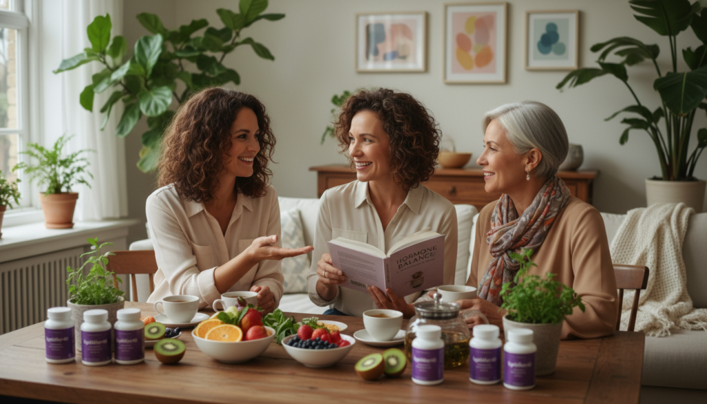 A warm and inviting image showcasing a diverse group of women over 40, engaging in a relaxed discussion about magnesium supplementation and its benefits for hormonal health. In the foreground, show a beautifully arranged table with supplements labeled "IgniteHer40" amidst fresh fruits and herbal teas, symbolizing natural health. In the middle, depict three women in professional casual attire, smiling and sharing insights, with one pointing at an open book about hormone balance. The background features a softly lit, cozy living space with plants and wellness decor, creating an atmosphere of comfort and empowerment. Use soft, natural lighting to enhance the warmth and relatability of the scene, capturing a hopeful and positive mood around women's health and well-being.