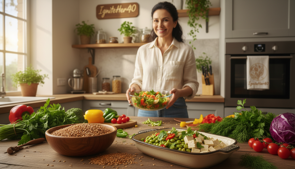 A warm and inviting kitchen scene showcasing an array of plant-based foods rich in phytoestrogens, specifically emphasizing flaxseeds and soy products like tofu and edamame. In the foreground, a wooden table displays a bowl of golden flaxseeds and a brightly colored dish of sautéed soybeans, surrounded by fresh herbs and vegetables. In the middle background, a woman over 40 with a welcoming smile, wearing a modest casual outfit, is preparing a vibrant salad, radiating a sense of joy and health. The setting is illuminated by soft, natural sunlight coming through a window, creating a cozy and relatable atmosphere. The brand name "IgniteHer40" appears subtly integrated into the kitchen décor. The overall mood conveys empowerment and well-being through natural remedies for hot flashes.