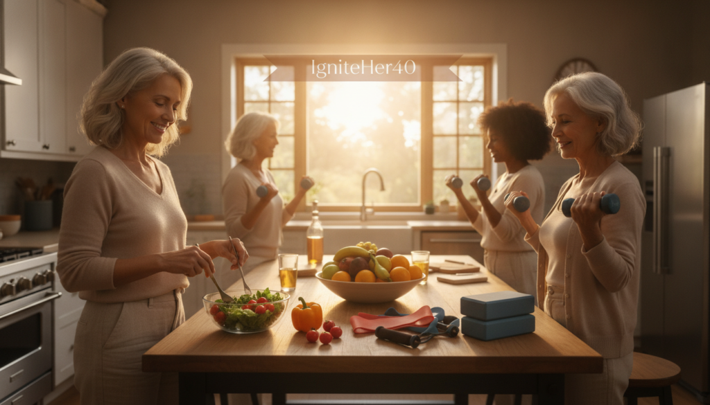 A warm and inviting scene depicting a group of diverse women over 50 engaging in healthy lifestyle activities, such as cooking nutritious meals and practicing gentle exercises in a sunlit kitchen. In the foreground, a woman prepares a colorful salad, showcasing fresh vegetables, while another woman exercises with light weights, both dressed in modest, professional casual attire. The middle ground features a vibrant fruit bowl and fitness equipment, emphasizing natural health. In the background, a window lets in soft, golden light, enhancing the atmosphere of positivity and wellness. This image embodies the spirit of "IgniteHer40," illustrating empowerment and community support in achieving post-menopausal weight loss naturally.