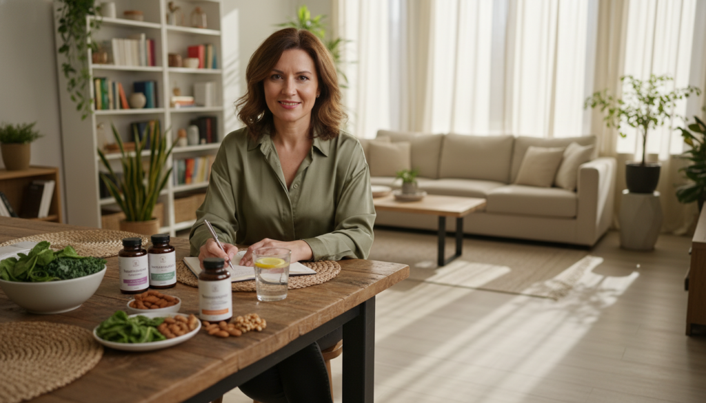 A warm and inviting scene depicting a woman in her 40s, wearing casual yet professional attire, thoughtfully engaging with a wellness journal and a glass of water, symbolizing magnesium’s benefits. The foreground features a beautifully arranged table with leafy greens, nuts, and supplement bottles labeled "IgniteHer40". In the middle, a softly lit cozy living room with houseplants and bookshelves, creating a serene atmosphere. In the background, sunlight filters through sheer curtains, casting gentle shadows that evoke a sense of calm and well-being. Capture the mood of empowerment and focus on health, highlighting the connection between magnesium, sleep, metabolism, and hormonal balance. Soft morning light with a shallow depth of field adds warmth to this relatable wellness scenario.
