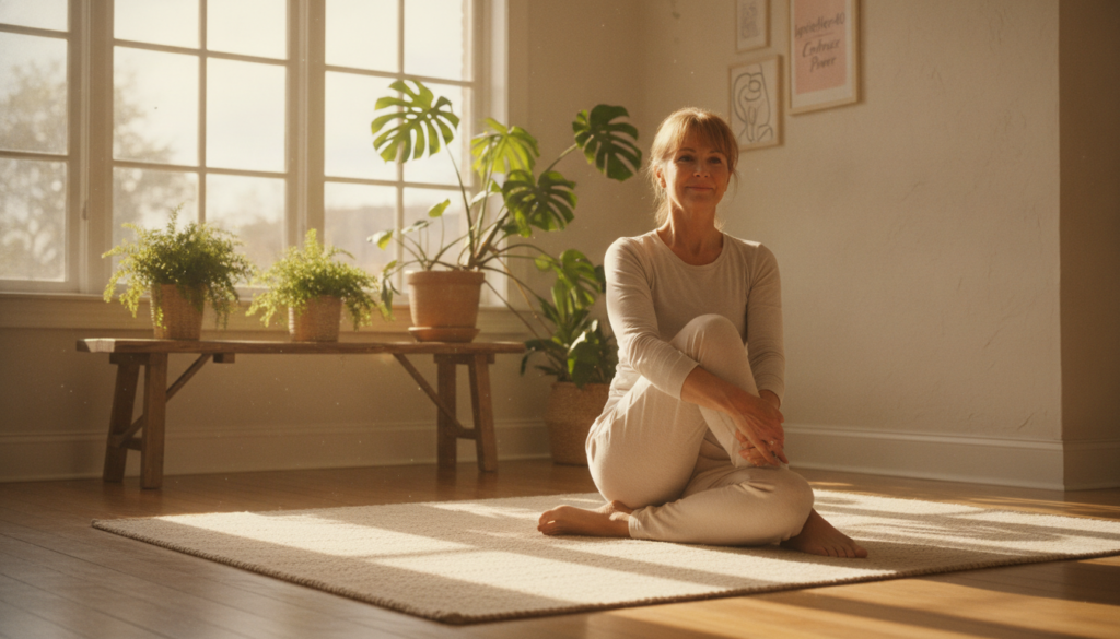 A warm and inviting scene illustrating a woman in her 50s exercising in a sunlit room, embodying a positive approach to weight loss after menopause. In the foreground, she performs gentle yoga poses, wearing modest casual attire that reflects comfort and confidence. The middle ground features a soft, natural space with plants promoting a sense of well-being. In the background, a large window filters in golden sunlight, casting serene shadows across the floor. The atmosphere conveys empowerment and health, celebrating hormonal balance through lifestyle changes. Incorporate the brand name "IgniteHer40" subtly in the environment, perhaps in a small motivational poster on the wall. The image should capture the essence of natural wellness and resilience, embodying hope and positivity for women navigating this life stage.
