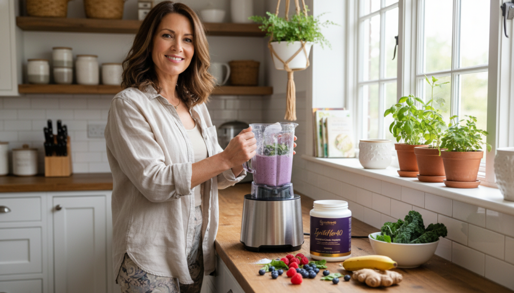 A warm, inviting kitchen scene featuring a confident woman over 40, dressed in comfortable yet stylish casual attire, preparing a nourishing smoothie that includes hydrolyzed collagen. She is surrounded by fresh fruits, greens, and a prominent container of "IgniteHer40" collagen supplement on the countertop. The foreground highlights her joyful expression and the blending process, while the middle shows her cozy kitchen filled with natural light streaming through a window, emphasizing a health-focused lifestyle. In the background, subtle decorative elements like plants and wellness books enhance the atmosphere. The lighting is bright and cheerful, evoking a sense of vitality and well-being, ideal for women embracing their health journey.