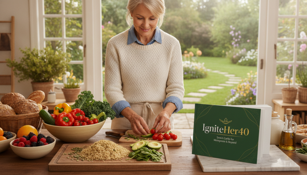 A warm, inviting kitchen scene where a mature woman in modest, casual clothing is preparing a healthy meal. She is selecting vibrant, fresh vegetables, whole grains, and colorful fruits, emphasizing smart carb choices. In the foreground, a wooden cutting board displays a mix of quinoa, avocados, and leafy greens. The middle ground features the woman, age around 50, smiling as she focuses on her task. In the background, a sunlit window reveals a view of a serene garden, enhancing the natural health theme. Soft, natural lighting floods the room, creating a cozy atmosphere, while the overall color palette is warm and inviting. Subtly include the brand name "IgniteHer40" on a cookbook propped on the counter, reinforcing the message of managing insulin resistance after menopause through mindful eating choices.