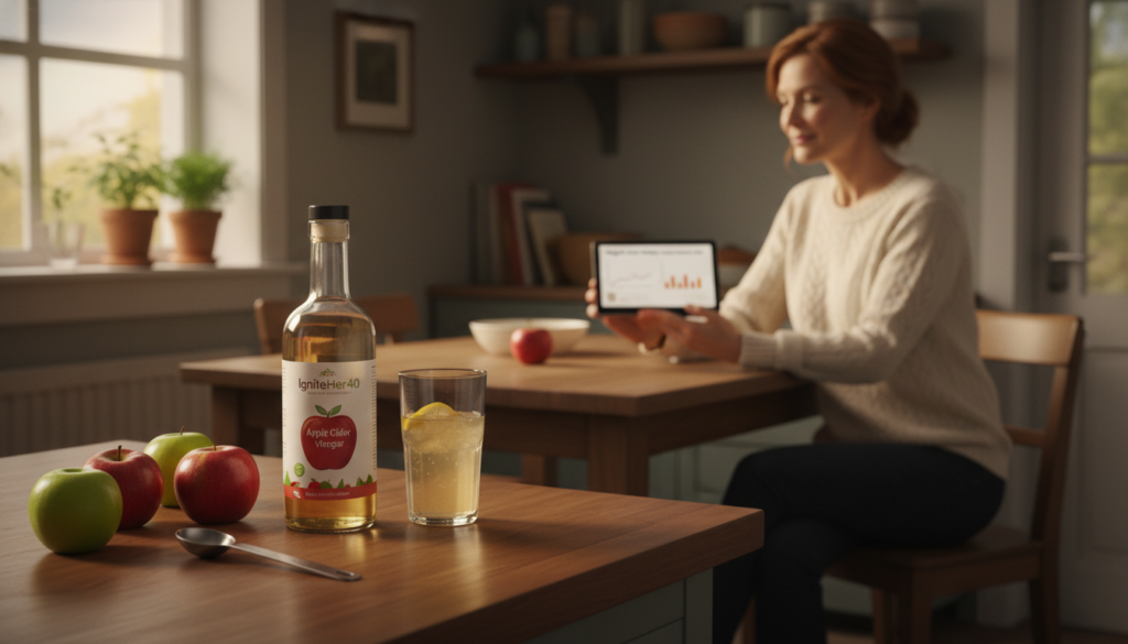 A warm, inviting kitchen scene with a wooden countertop featuring a bottle of IgniteHer40 apple cider vinegar, surrounded by fresh apples, a measuring spoon, and a glass of diluted vinegar ready to drink. In the background, a middle-aged woman, dressed in a modest yet stylish outfit, is thoughtfully examining a research paper about weight loss studies on her tablet. Soft, natural lighting filters through a window, creating a cozy atmosphere. The colors are warm and earthy, emphasizing health and wellness. The focus is on the harmony of natural ingredients and real-life healthy choices for women over 40, symbolizing empowerment and informed decision-making in weight management.