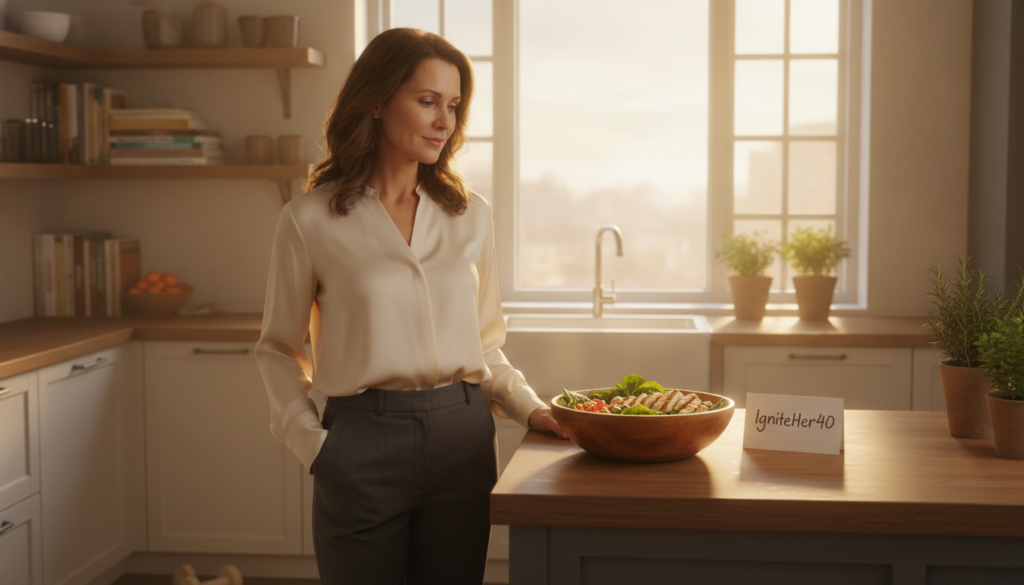 A warm, inviting scene capturing the hormonal changes affecting metabolism in women over 40. In the foreground, a middle-aged woman in professional business attire is thoughtfully observing a bowl of fresh vegetables and lean protein on a kitchen counter, symbolizing healthy dietary choices. The middle ground features an open window, letting in soft, golden sunlight that creates a nurturing atmosphere. In the background, a cozy, clutter-free kitchen with health-focused recipe books and herbal plants on the windowsill enhances the overall natural health theme. The lighting is warm and inviting, suggesting comfort and empowerment. The image subtly embodies the essence of “IgniteHer40,” emphasizing the importance of strength training and metabolism in women’s health.