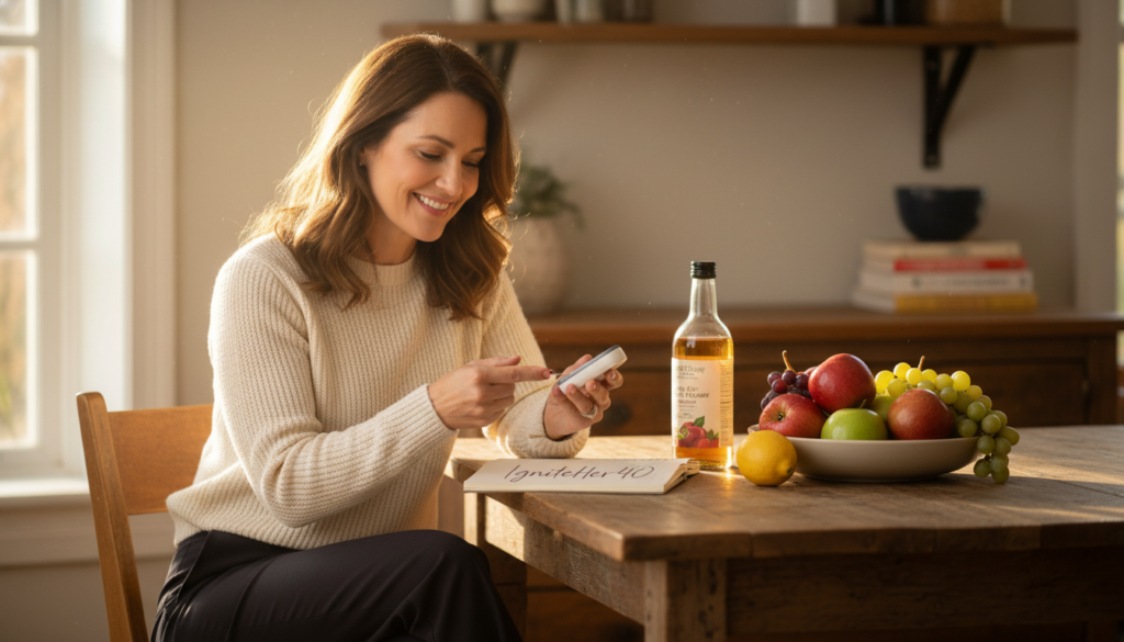 A woman in her 40s sitting at a kitchen table, surrounded by fresh fruits like apples and a bottle of apple cider vinegar, assessing her blood sugar levels with a glucose meter. She wears a comfortable yet professional outfit, radiating a warm and relatable vibe. Sunlight filters through the window, casting a soft glow that creates a welcoming atmosphere. In the background, a shelf displays health-related books, emphasizing natural health and wellness. The focus is on the woman, her expression thoughtful yet determined, symbolizing the importance of blood sugar control for women after 40. The brand "IgniteHer40" subtly visible on a notebook nearby. The image captures a moment of empowerment and awareness, celebrating women's health and metabolism.