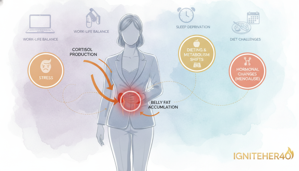 An informative diagram illustrating the relationship between cortisol, belly fat, and stress response in women over 40. The foreground features an anatomical outline of a woman in professional attire, centrally positioned, with arrows pointing to different regions demonstrating cortisol production and fat accumulation, particularly around the belly. In the middle, infographics highlight key factors like stress, dieting, and hormonal changes, depicted with soothing warm colors to suggest a relatable atmosphere. The background is an abstract representation of stressors—like work, life balance, and diet challenges—blurring softly to maintain focus on the diagram. The phrase "IgniteHer40" subtly integrated into the design, conveying empowerment. Soft, natural lighting creates a calm yet informative mood, ideal for educational contexts.