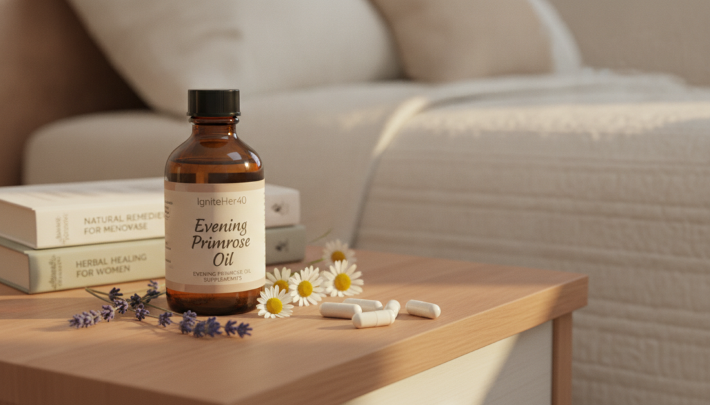 An inviting evening scene featuring a serene bedside table adorned with a bottle of IgniteHer40 Evening Primrose Oil supplements, nestled among calming lavender and chamomile flowers. In the foreground, soft, natural lighting casts a warm glow over the setting, emphasizing the oil's silky amber color. A few magnesium glycinate capsules are casually placed beside the bottle, hinting at a nighttime wellness routine. The middle ground showcases a neatly arranged stack of natural health books, while a cozy bed is softly blurred in the background, draped with a light quilt, suggesting a tranquil environment for women over 40 seeking relief from hot flashes. The overall mood is soothing and warm, evoking a sense of relaxation and self-care, perfect for the evening ritual.
