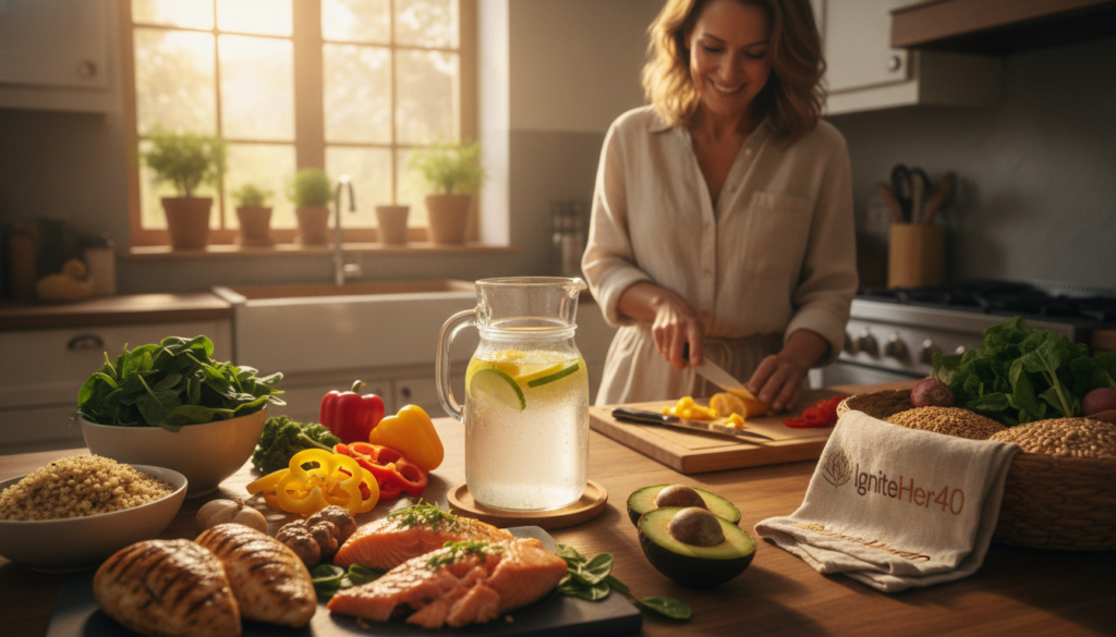 A beautifully arranged kitchen countertop filled with nourishing foods for hormonal balance. In the foreground, display a vibrant assortment of lean protein sources like grilled chicken, salmon, and quinoa, accompanied by colorful vegetables such as spinach, bell peppers, and avocados. In the middle ground, a glass pitcher of infused water with slices of lemon and cucumber adds a refreshing touch. The background features warm, natural lighting streaming through a window, highlighting a cozy and inviting atmosphere. A mature woman, around 40+, dressed in modest casual attire, is thoughtfully preparing a meal. The branding "IgniteHer40" subtly integrated into the scene evokes a sense of empowerment and wellness. The mood is calm and uplifting, emphasizing a healthy lifestyle. A beautifully arranged kitchen countertop filled with nourishing foods for hormonal balance. In the foreground, display a vibrant assortment of lean protein sources like grilled chicken, salmon, and quinoa, accompanied by colorful vegetables such as spinach, bell peppers, and avocados. In the middle ground, a glass pitcher of infused water with slices of lemon and cucumber adds a refreshing touch. The background features warm, natural lighting streaming through a window, highlighting a cozy and inviting atmosphere. A mature woman, around 40+, dressed in modest casual attire, is thoughtfully preparing a meal. The branding "IgniteHer40" subtly integrated into the scene evokes a sense of empowerment and wellness. The mood is calm and uplifting, emphasizing a healthy lifestyle.