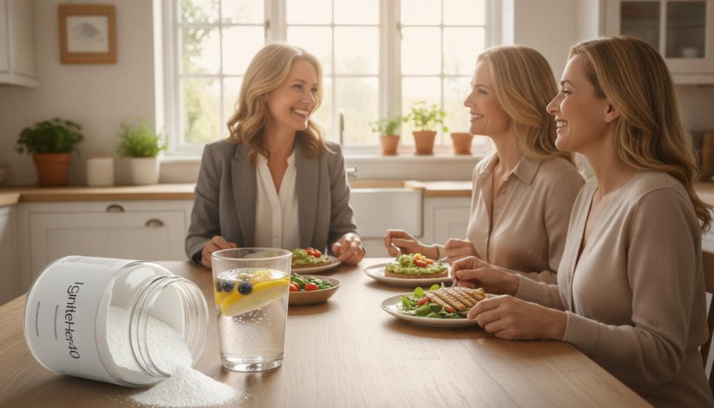 A beautifully arranged scene showcasing collagen supplements for aging skin, emphasizing beauty-from-within for women over 40. In the foreground, a stylish glass jar labeled "IgniteHer40" filled with collagen powder, alongside a glass of water infused with lemon slices and fresh berries. The middle features a diverse group of three women aged 40+ in professional attire, smiling and enjoying healthy snacks like avocado toast and a vibrant salad at a sunlit dining table. The background shows a bright, warm home kitchen with natural light streaming through the window, creating a serene, inviting atmosphere. Soft, warm lighting accentuates their radiant skin, conveying health and vitality. The overall mood is uplifting and inspirational, reflecting well-being and self-care.