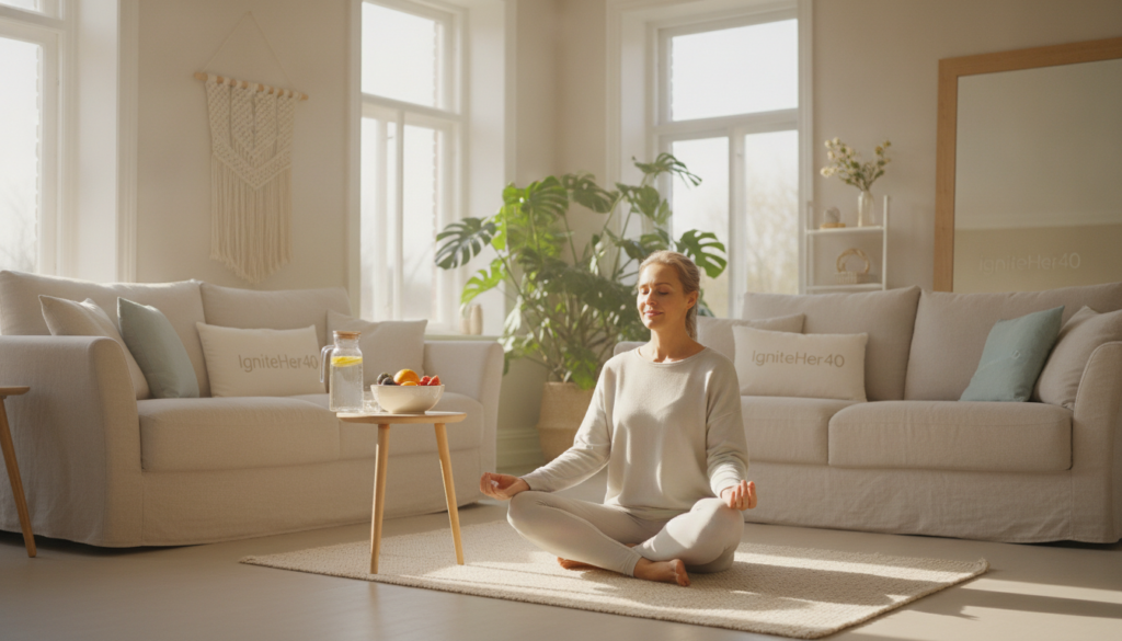 A bright, airy living room, bathed in warm sunlight streaming through large windows, creates a serene backdrop for physical activity as a stress-reliever. In the foreground, a woman in her 40s, dressed in modest, comfortable athletic wear, is practicing yoga on a soft mat, exuding a sense of calm and focus. Her expression is peaceful as she balances gracefully in a gentle pose. In the middle ground, a small table holds a pitcher of water and a bowl of fresh fruit, symbolizing healthy living. The background features lush houseplants and light, soft-colored decor, enhancing the tranquil atmosphere. The overall mood conveys relaxation and the joy of movement, embodying a stress-free approach to weight loss. The branding "IgniteHer40" subtly integrated into the scene emphasizes wellness for women over 40.