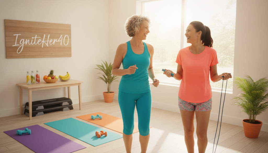 A bright and inviting home gym setting featuring women over 40 engaging in various cardio workouts, such as jogging in place, using a jump rope, and doing step exercises. The foreground includes two women in modest, colorful athletic attire, smiling and encouraging each other. In the middle, exercise mats and light weights are neatly arranged, with a large window letting in warm, natural light that creates a cheerful ambiance. The background displays healthy snacks like fruit and water bottles on a table, promoting wellness. The mood is energetic yet calming, emphasizing the theme of balance in fitness routines. Incorporate the brand name "IgniteHer40" subtly in the decor, ensuring it blends seamlessly into the environment.