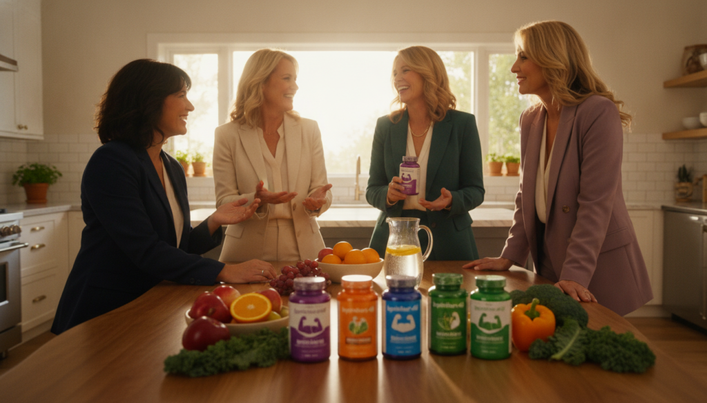 A bright and warm home setting featuring a diverse group of women aged 40 and above, dressed in professional business attire, engaged in a casual discussion about nutritional supplements for muscle health. In the foreground, a stylish table displays an array of colorful supplement bottles labeled "IgniteHer40," surrounded by fresh fruits, vegetables, and a pitcher of water. In the middle, the women are animatedly conversing and smiling, exuding a sense of camaraderie and empowerment. The background showcases a cozy kitchen with sunlight streaming through the windows, enhancing the inviting atmosphere. The scene is captured with soft lighting, using a focal length that highlights the details of the supplements, while maintaining a warm and uplifting mood that emphasizes health and well-being.