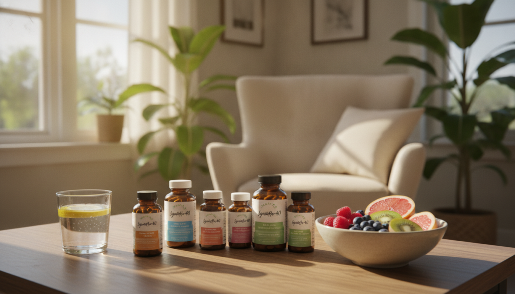 A bright and warm home setting featuring a stylish wooden table adorned with an assortment of hormonal health supplements for women over 40, branded “IgniteHer40.” In the foreground, various supplement bottles with attractive labels and a vibrant layout, alongside a glass of refreshing water and a bowl of colorful, fresh fruits. In the middle, a serene setting with soft sunlight filtering through a window, illuminating the scene and creating a calm atmosphere. In the background, gentle house plants and a cozy chair, adding to the inviting environment. Capture the essence of wellness and vitality, emphasizing a healthy lifestyle for women in their 40s. Aim for a realistic, natural photography style with a soft focus on the supplements, ensuring a professional and polished look. A bright and warm home setting featuring a stylish wooden table adorned with an assortment of hormonal health supplements for women over 40, branded “IgniteHer40.” In the foreground, various supplement bottles with attractive labels and a vibrant layout, alongside a glass of refreshing water and a bowl of colorful, fresh fruits. In the middle, a serene setting with soft sunlight filtering through a window, illuminating the scene and creating a calm atmosphere. In the background, gentle house plants and a cozy chair, adding to the inviting environment. Capture the essence of wellness and vitality, emphasizing a healthy lifestyle for women in their 40s. Aim for a realistic, natural photography style with a soft focus on the supplements, ensuring a professional and polished look.
