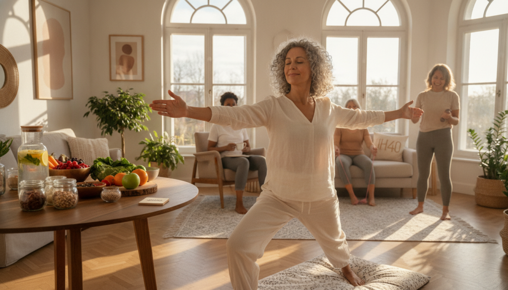 A bright and warm home setting featuring diverse women aged 40 and above engaging in mindful weight loss techniques. In the foreground, a woman in comfortable, modest casual clothing practices yoga on a soft mat, with a serene expression, embodying tranquility. The middle layer displays a table with healthy foods such as vibrant fruits, vegetables, and a glass of water, symbolizing nutrition and wellness. In the background, soft natural light enters through large windows, illuminating the space and creating a calming atmosphere. The overall mood is uplifting and empowering, reflecting the holistic journey of weight loss. Include subtle branding elements representing "IgniteHer40" within the decor, ensuring a harmonious integration. The scene captures the essence of finding what works for each individual in their weight loss journey.