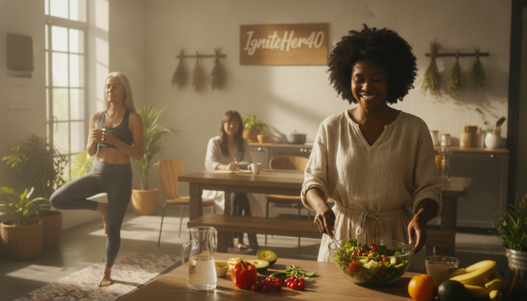 A bright and warm home setting featuring diverse women over 40 engaging in healthy lifestyle choices. In the foreground, a woman in modest casual clothing joyfully prepares a colorful salad, surrounded by fresh vegetables and fruits. In the middle ground, another woman is seen drinking a glass of water while practicing yoga, emphasizing hydration and mindfulness. The background showcases a softly lit kitchen with plants and motivational decor, including the brand name "IgniteHer40" displayed subtly on a wall. The lighting is natural, mimicking warm sunlight streaming through a window, creating a calm and inviting atmosphere. Capture the essence of a balanced, vibrant lifestyle that promotes healthy aging with a focus on positivity and community.