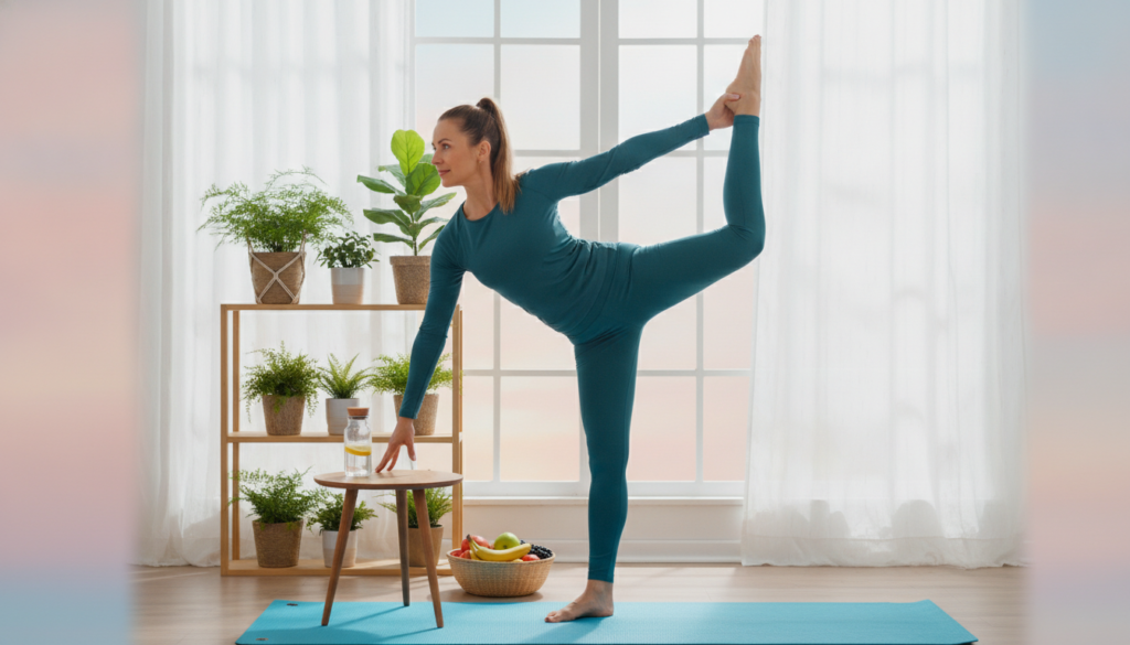 A bright and welcoming home setting featuring an active woman in her 40s, dressed in modest, comfortable workout attire, practicing flexibility and balance exercises on an exercise mat. The foreground shows her gracefully performing a yoga pose, highlighting her focus and strength. In the middle ground, a cozy space filled with potted plants and natural light streaming through large windows creates a serene atmosphere. A water bottle and a bowl of fresh fruit sit nearby, emphasizing a healthy lifestyle. In the background, soft pastel colors enhance the uplifting mood. The brand name "IgniteHer40" is subtly suggested by the overall essence of empowerment and vitality captured in this image.