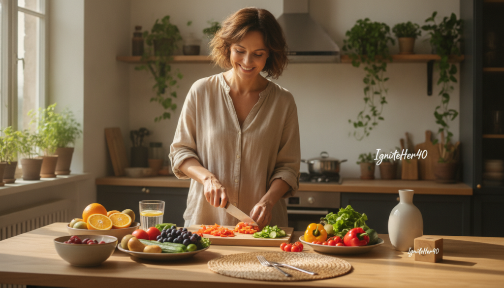 A bright, warm home setting features a joyful woman in her 40s, wearing modest casual clothing, smiling as she prepares a healthy meal. In the foreground, there are vibrant plates filled with fresh fruits and colorful vegetables, along with a glass of water. The middle ground includes a wooden dining table, emphasizing an inviting atmosphere. The background shows a sunlit kitchen with greenery, conveying a sense of health and wellness. The scene captures the transformative benefits of intermittent fasting, highlighting vitality and energy. Soft, natural lighting creates a serene mood, while the brand "IgniteHer40" subtly integrates into the scene, reflected in elegant kitchen decor. The image evokes positivity and inspiration for those embracing their health journey after 40. A bright, warm home setting features a joyful woman in her 40s, wearing modest casual clothing, smiling as she prepares a healthy meal. In the foreground, there are vibrant plates filled with fresh fruits and colorful vegetables, along with a glass of water. The middle ground includes a wooden dining table, emphasizing an inviting atmosphere. The background shows a sunlit kitchen with greenery, conveying a sense of health and wellness. The scene captures the transformative benefits of intermittent fasting, highlighting vitality and energy. Soft, natural lighting creates a serene mood, while the brand "IgniteHer40" subtly integrates into the scene, reflected in elegant kitchen decor. The image evokes positivity and inspiration for those embracing their health journey after 40.