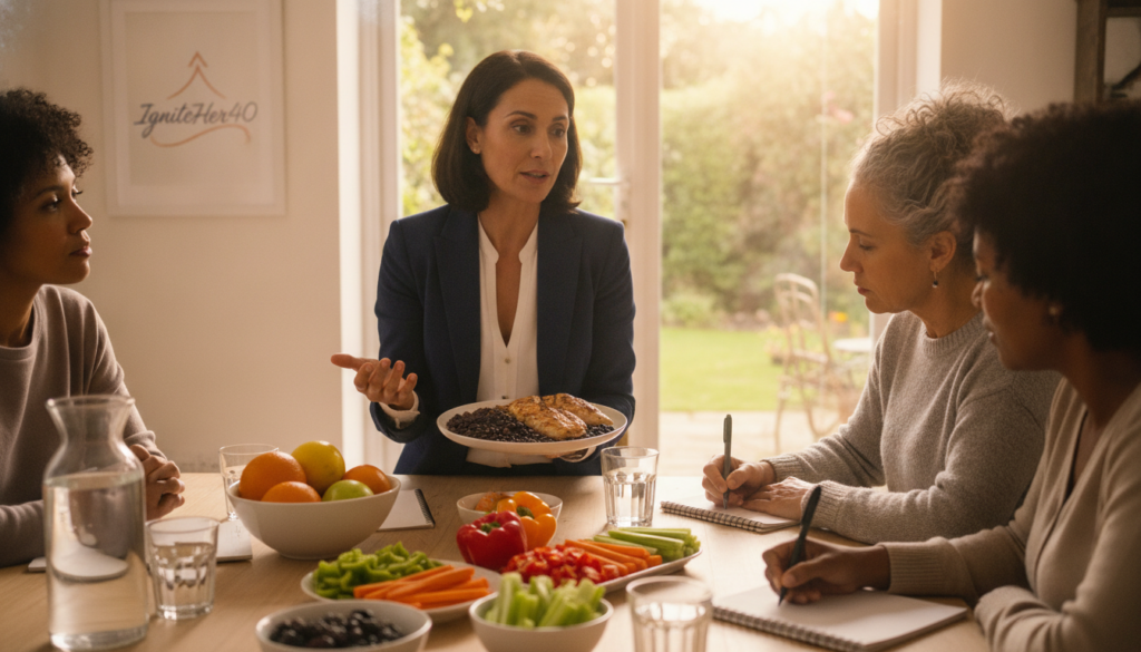 A bright, warm home setting featuring a diverse group of women aged 40 and above, engaged in a discussion about protein timing. In the foreground, one woman in a professional attire holds a plate of healthy protein-rich foods, such as grilled chicken and legumes, while another takes notes with a notepad and pen. The middle ground showcases a kitchen table adorned with fruits, vegetables, and water glasses, emphasizing nutritious eating habits. In the background, a sunlit window reveals a lush garden, creating a calm and inviting atmosphere. Soft, natural lighting enhances the warm tones and highlights the women’s engaged expressions. The image conveys empowerment and a sense of community among women over 40, with the brand name "IgniteHer40" subtly incorporated into the scene. A bright, warm home setting featuring a diverse group of women aged 40 and above, engaged in a discussion about protein timing. In the foreground, one woman in a professional attire holds a plate of healthy protein-rich foods, such as grilled chicken and legumes, while another takes notes with a notepad and pen. The middle ground showcases a kitchen table adorned with fruits, vegetables, and water glasses, emphasizing nutritious eating habits. In the background, a sunlit window reveals a lush garden, creating a calm and inviting atmosphere. Soft, natural lighting enhances the warm tones and highlights the women’s engaged expressions. The image conveys empowerment and a sense of community among women over 40, with the brand name "IgniteHer40" subtly incorporated into the scene.