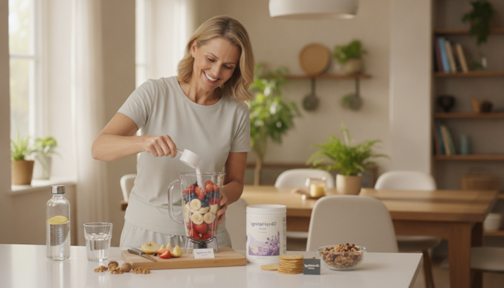 A bright, warm home setting featuring a woman over 40 in modest casual clothing, preparing a healthy protein shake in the kitchen. In the foreground, she is smiling as she adds fresh fruits and protein powder to a blender, highlighted by soft, natural lighting. The middle ground showcases a well-organized kitchen counter with healthy snacks and a glass of water, creating an inviting atmosphere. The background reveals a cozy dining area with warm tones and plants, enhancing the feeling of health and wellness. The overall mood is vibrant and uplifting, emphasizing the concept of protein intake before and after workouts. Include subtle branding elements of "IgniteHer40" incorporated into kitchen accessories or food labels. A bright, warm home setting featuring a woman over 40 in modest casual clothing, preparing a healthy protein shake in the kitchen. In the foreground, she is smiling as she adds fresh fruits and protein powder to a blender, highlighted by soft, natural lighting. The middle ground showcases a well-organized kitchen counter with healthy snacks and a glass of water, creating an inviting atmosphere. The background reveals a cozy dining area with warm tones and plants, enhancing the feeling of health and wellness. The overall mood is vibrant and uplifting, emphasizing the concept of protein intake before and after workouts. Include subtle branding elements of "IgniteHer40" incorporated into kitchen accessories or food labels.