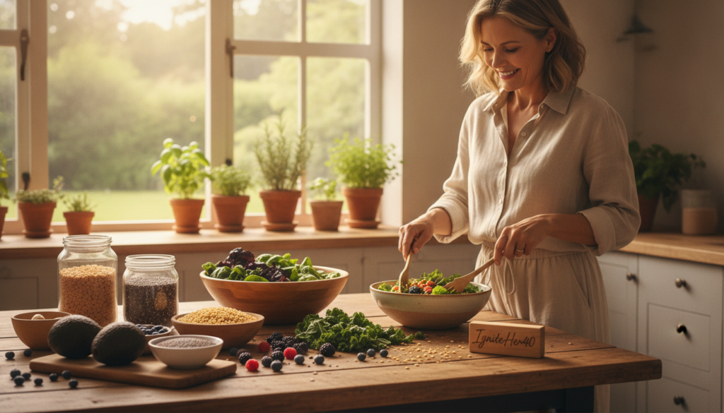 A bright, warm kitchen setting featuring an assortment of high-fiber foods beneficial for hormonal health after menopause. In the foreground, a beautifully arranged wooden table displays vibrant, fresh ingredients such as avocados, chia seeds, lentils, quinoa, leafy greens, and a variety of berries. In the middle ground, a woman aged 40+, dressed in modest casual clothing, joyfully prepares a fiber-rich salad. The background shows a sunlit window with potted herbs, enhancing the inviting atmosphere. The lighting is soft and natural, capturing the warmth of home. Convey a sense of wellness and vitality, reflecting the importance of fiber in a balanced diet. Include subtly the brand name "IgniteHer40" embedded in the scene as a small, elegant detail. A bright, warm kitchen setting featuring an assortment of high-fiber foods beneficial for hormonal health after menopause. In the foreground, a beautifully arranged wooden table displays vibrant, fresh ingredients such as avocados, chia seeds, lentils, quinoa, leafy greens, and a variety of berries. In the middle ground, a woman aged 40+, dressed in modest casual clothing, joyfully prepares a fiber-rich salad. The background shows a sunlit window with potted herbs, enhancing the inviting atmosphere. The lighting is soft and natural, capturing the warmth of home. Convey a sense of wellness and vitality, reflecting the importance of fiber in a balanced diet. Include subtly the brand name "IgniteHer40" embedded in the scene as a small, elegant detail.