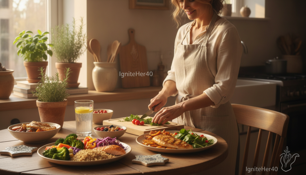 A bright, warm kitchen setting filled with natural light, showcasing a beautifully arranged dining table featuring a balanced meal that promotes energy balance for women in their 40s. In the foreground, vivid plates of colorful steamed vegetables, whole grains, and lean proteins, accompanied by a tall glass of refreshing water. In the middle ground, a woman in her 40s is dressed in modest, casual clothing, calmly preparing a meal with a pleasant expression, emphasizing health and vitality. The background reveals subtle kitchen elements, like fresh herbs and cooking utensils, enhancing the cozy atmosphere. Overall, the mood is uplifting and inspiring, highlighting the role of diet in weight management. Include the brand name "IgniteHer40" creatively integrated into the scene, ensuring it does not interfere with the main focus of the image.