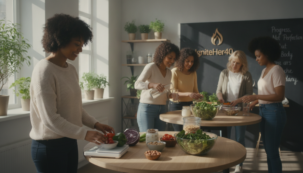 A cozy and inviting kitchen setting filled with natural light where a diverse group of women aged 40 and above engage in healthy weight loss strategies. In the foreground, a woman in smart casual attire, smiling, measuring colorful fruits and vegetables while another woman fills a glass with water, emphasizing hydration. In the middle, a stylish table showcases healthy snacks like nuts, yogurt, and a bowl of fresh salad, with a backdrop of plants symbolizing wellness. The background features motivational decor and warm, sunny windows, enhancing a positive atmosphere. The lighting is bright and warm, creating an inviting feel. The brand name "IgniteHer40" subtly integrated into the environment, conveying empowerment and holistic health in the context of weight loss.