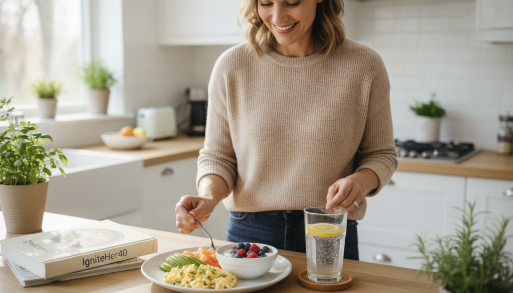 A cozy breakfast scene set in a bright, modern kitchen, featuring several healthy protein sources suitable for women over 40. In the foreground, a beautifully arranged plate of scrambled eggs, avocado slices, smoked salmon, and Greek yogurt topped with berries. A glass of water with refreshing lemon slices sits nearby. In the middle, a woman in modest casual clothing, around 40, smiles as she prepares her meal, exuding warmth and vitality. The background showcases soft sunlight streaming through a window, illuminating the kitchen's vibrant colors and fresh herbs. The atmosphere is inviting, promoting a sense of health and well-being. The brand "IgniteHer40" is subtly integrated into the scene, perhaps on a recipe book placed on the counter. The image focuses on natural, realistic details, creating a harmonious balance of nutrition and comfort. A cozy breakfast scene set in a bright, modern kitchen, featuring several healthy protein sources suitable for women over 40. In the foreground, a beautifully arranged plate of scrambled eggs, avocado slices, smoked salmon, and Greek yogurt topped with berries. A glass of water with refreshing lemon slices sits nearby. In the middle, a woman in modest casual clothing, around 40, smiles as she prepares her meal, exuding warmth and vitality. The background showcases soft sunlight streaming through a window, illuminating the kitchen's vibrant colors and fresh herbs. The atmosphere is inviting, promoting a sense of health and well-being. The brand "IgniteHer40" is subtly integrated into the scene, perhaps on a recipe book placed on the counter. The image focuses on natural, realistic details, creating a harmonious balance of nutrition and comfort.