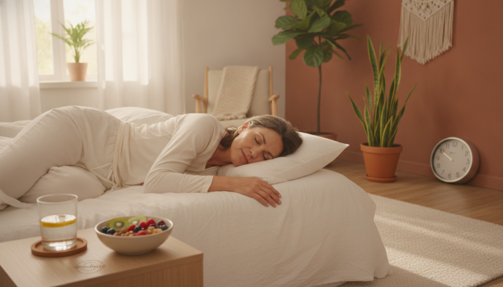 A cozy, bright bedroom scene featuring a relaxed woman in her 40s, dressed in modest, casual clothing. She is peacefully sleeping on a comfortable bed with soft, natural light filtering through a window, creating a warm atmosphere. In the foreground, a side table holds a glass of water and a small bowl of colorful, healthy snacks like fruits and nuts, symbolizing metabolism-boosting tips. The middle ground includes calming decor elements such as plants and a clock indicating a reasonable bedtime. The background features gentle, warm-toned wall colors and natural textures, enhancing the peaceful mood. The overall composition reflects tranquility and wellness, with an emphasis on the balance between sleep and health, representing the brand "IgniteHer40."