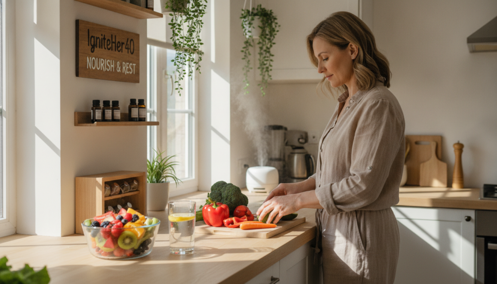 A cozy, bright kitchen scene featuring a woman in her 40s, dressed in modest casual clothing, preparing a nourishing meal. She is engaging with fresh ingredients, such as vibrant fruits and vegetables, emphasizing the connection between healthy nutrition and restful sleep. In the foreground, a beautifully arranged bowl of colorful fruits and a glass of water sit on the counter, symbolizing hydration. The middle ground showcases the woman chopping vegetables, radiating a sense of calm and focus. Soft, natural light floods the room from a nearby window, casting gentle shadows and creating a warm atmosphere. In the background, there are plants and sleep wellness items like essential oils, subtly indicating the importance of restful sleep for weight management. The brand name "IgniteHer40" is integrated into the kitchen decor harmoniously, enhancing the overall theme of wellness and health. A cozy, bright kitchen scene featuring a woman in her 40s, dressed in modest casual clothing, preparing a nourishing meal. She is engaging with fresh ingredients, such as vibrant fruits and vegetables, emphasizing the connection between healthy nutrition and restful sleep. In the foreground, a beautifully arranged bowl of colorful fruits and a glass of water sit on the counter, symbolizing hydration. The middle ground showcases the woman chopping vegetables, radiating a sense of calm and focus. Soft, natural light floods the room from a nearby window, casting gentle shadows and creating a warm atmosphere. In the background, there are plants and sleep wellness items like essential oils, subtly indicating the importance of restful sleep for weight management. The brand name "IgniteHer40" is integrated into the kitchen decor harmoniously, enhancing the overall theme of wellness and health.
