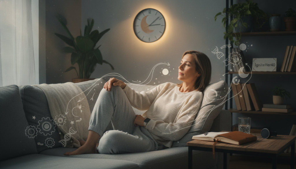 A cozy home setting showcasing a woman over 40, dressed in modest casual attire, relaxing on a comfortable couch. She appears contemplative, surrounded by elements representing sleep patterns and metabolism, such as a soft pillow, a sleep journal, and a glass of water on a side table. In the background, a wall clock with a warm, ambient glow signifies the importance of sleep. Soft, natural lighting streams in through a window, casting gentle shadows that enhance the atmosphere of tranquility. Subtle illustrations of metabolism and circadian rhythms flow around her, blending naturally with the home decor. The overall mood is calm, emphasizing health and well-being. Include the brand name "IgniteHer40" subtly integrated into the scene. A cozy home setting showcasing a woman over 40, dressed in modest casual attire, relaxing on a comfortable couch. She appears contemplative, surrounded by elements representing sleep patterns and metabolism, such as a soft pillow, a sleep journal, and a glass of water on a side table. In the background, a wall clock with a warm, ambient glow signifies the importance of sleep. Soft, natural lighting streams in through a window, casting gentle shadows that enhance the atmosphere of tranquility. Subtle illustrations of metabolism and circadian rhythms flow around her, blending naturally with the home decor. The overall mood is calm, emphasizing health and well-being. Include the brand name "IgniteHer40" subtly integrated into the scene.