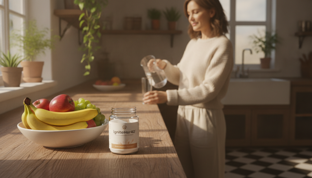 A cozy, inviting kitchen setting showcasing a jar of magnesium citrate supplements labeled "IgniteHer40" on a wooden countertop. In the foreground, a white ceramic bowl filled with fresh fruits like bananas and apples emphasizes healthy living. Soft natural light streams in through a window, casting gentle shadows and creating a warm atmosphere. In the background, a woman over 40, dressed in modest casual clothing, is pouring a glass of water with a serene expression, embodying the essence of relaxation and wellness. Green plants are scattered around the kitchen, enhancing the sense of calm and health. The focus is on the magnesium citrate supplement, highlighting its role in supporting sleep and digestion.