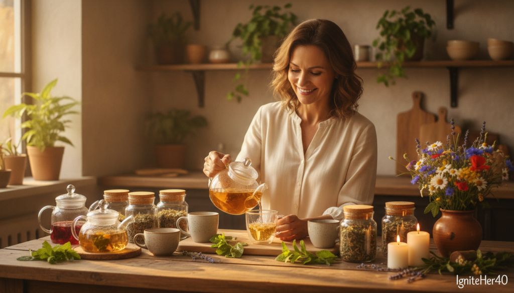 A cozy kitchen scene filled with warm sunlight streaming through a window, showcasing a wooden table adorned with an assortment of colorful herbal teas in delicate glass teapots and mugs. In the foreground, a smiling woman in her 40s, wearing a light, modest blouse, gently pours chamomile tea, surrounded by fresh herbs like mint and lemon balm. The middle ground features vibrant herbal tea blends in rustic jars, with calming decorations such as candles and a small vase of wildflowers. The background includes soft-focus kitchen elements, like leafy plants and natural wooden textures, creating an inviting atmosphere. The lighting is bright and warm to enhance the feeling of tranquility. This setting reflects a nurturing approach to stress reduction strategies through herbal teas. IgniteHer40.