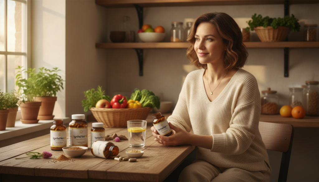 A cozy kitchen setting bathed in soft, warm light, featuring a wooden table adorned with natural supplements for menopause relief, prominently displaying the "IgniteHer40" brand. In the foreground, a stylishly arranged selection of capsules, herbs, and a glass of water, all radiating a sense of vitality and balance. In the middle, a woman in her 40s dressed in comfortable but elegant attire, thoughtfully examining the supplements with a serene expression. The background showcases a vibrant array of fresh fruits and vegetables, symbolizing health and wellness, with light streaming through a nearby window, enhancing the inviting atmosphere. The overall mood is uplifting and peaceful, emphasizing natural hormone balance and support for women navigating menopause.